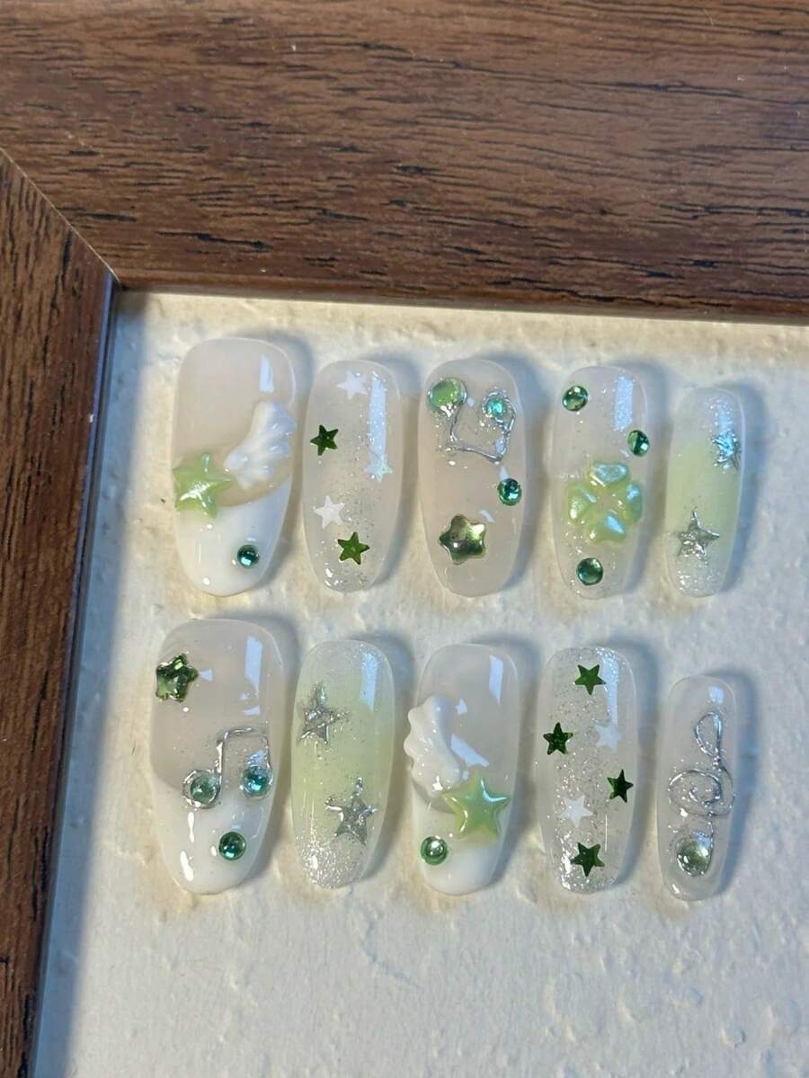 10Pcs Long Almond-Shaped Clear & Green Press-On Nails - Handmade Whimsical & Fresh Style With 3D Angel Wings, Treble Clef Charms, Star Accents, Green Rhinestones & Iridescent Shimmer | Reusable & Removable False Nails, Perfect For Spring, Festivals & Daily Wear | Ready To Wear In 2 Mins, No Nail Polish Needed | Includes 1pc Jelly Glue & 1 Mini Nail File - Follow Your Heart - View 1