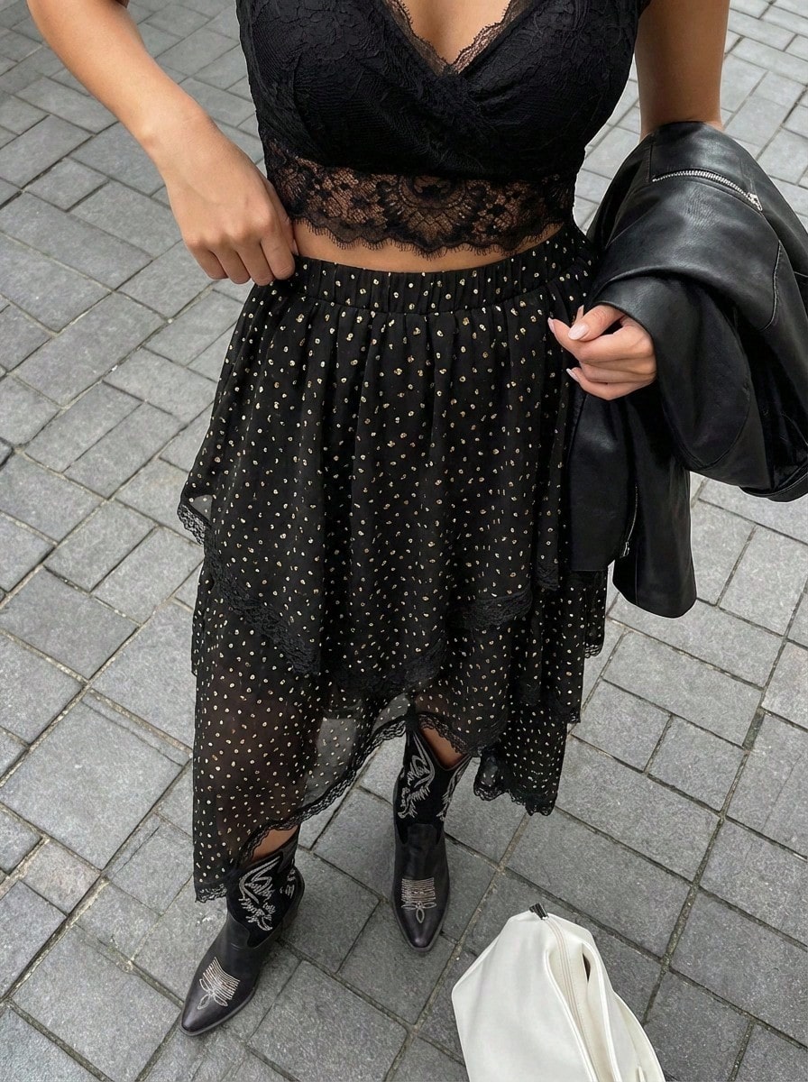 Buzzelle 女士黑色波点不对称层叠复古浪漫半身裙，适合假日、情人节、新年派对穿着 - 黑色 - 查看 1