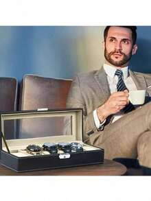 PU Leather Watch Box With Glass Window, 6/12 Compartment Organizer With Lock For Collections - Black - View 7