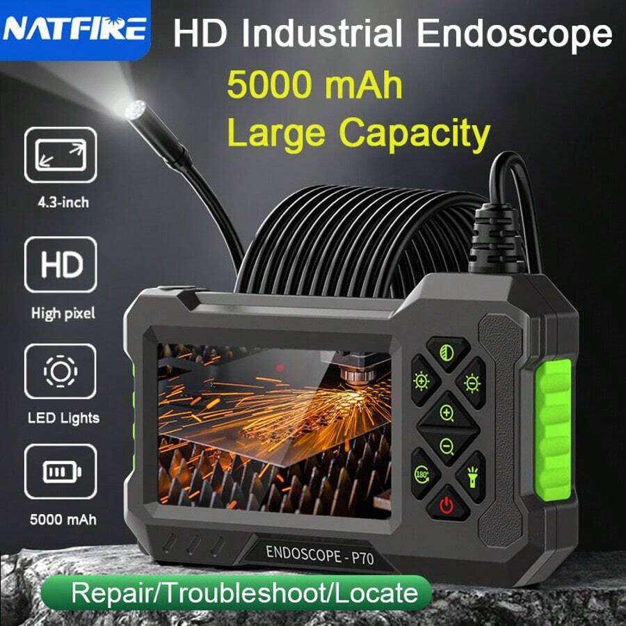 NATFIRE 附燈檢測內視鏡攝影機，HD 內視鏡，4.3 吋 IPS 螢幕，Type-C 可充電，可調 LED 燈，附磁鐵、掛鉤、側視鏡，靈活蛇形設計，適用於管道檢測、汽車維修、HVAC、汽車診斷