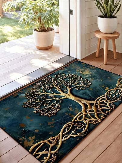 1pc Life Tree Doormat, Velvet Carpet, Room Decor, Anti-Slip & Wear-Resistant, Sound Insulation, Skin-Friendly Soft, Easy To Clean, Indoor Doormat, Living Room Carpet, Bedroom Carpet, Bathroom Mat, Washable Carpet, Home Decor, Floor Decoration & Protection