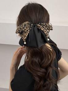 1pc Women's Elegant Leopard Print Bow Ribbon Ponytail Claw Clip, Retro Hair Claw Accessory - Multicolor - View 2