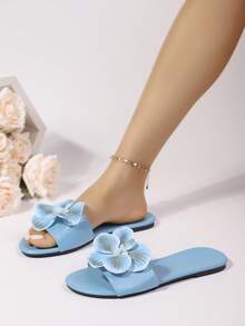 New Artificial Flower Design Open Toe Flat Sandals, Girl Summer Fashion Flat Open Toe Sandals - Blue - View 3