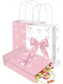 24/12/1pc Bow Gift Bags Bulk, Small Pink Gift Bag, Goodie Bag, Pink Bow Party Favor Bags Paper Treat Candy Snack Bag For Girls Birthday Baby Shower Wedding Easter Party Decoration - Multicolor - View 9