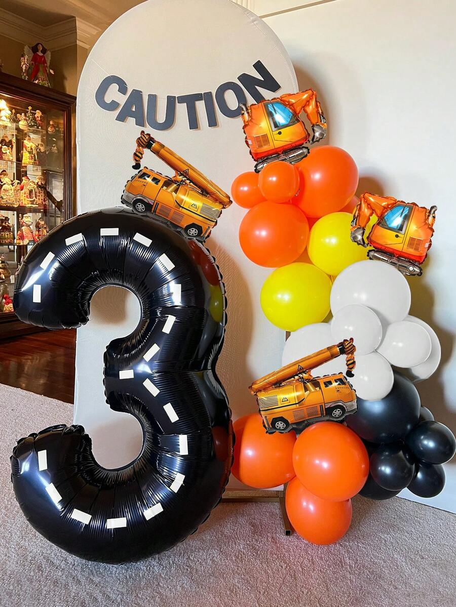 66pcs Construction Theme Balloon Column Kit, Includes 40-Inch Number Balloons 1-9, Mini Crane & Excavator Foil Balloons, Suitable For Birthday Party Balloon Decor, Construction Theme Party, Background Decoration