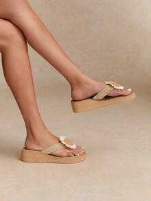 Tropiscape Women's Thick-Soled Wedge And High-Heeled Rope Slippers With Stair-Like Woven Grass Bottom, For Holiday And Island Travel - Beige - View 4