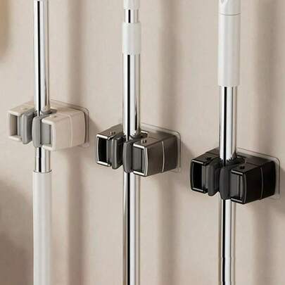 1/3pcs Wall Mounted Mop & Broom Holder, Modern Plastic Storage Clip, No Drill Adhesive Storage Solution, Suitable For Bathroom And Kitchen, Practical Hooks