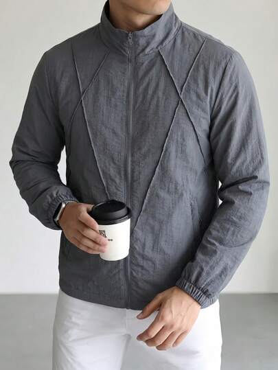 Blueprint Man Men's Jacket, Dark Gray Crinkle Texture Stand Collar Zipper Jacket, Lightweight Comfortable Durable Easy Care, Minimalist Vintage Style Casual Outerwear, Suitable For Daily Commute, Lightweight Outdoor Gatherings