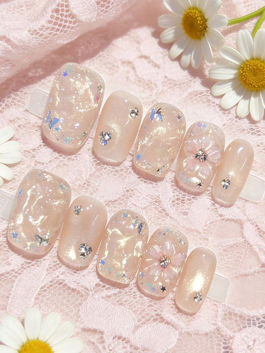 10pcs/Pack Handmade Japanese Style Nude Pink Nail Stickers, 3D Tiny Flower Shiny Whitening Nail Decals, Removable