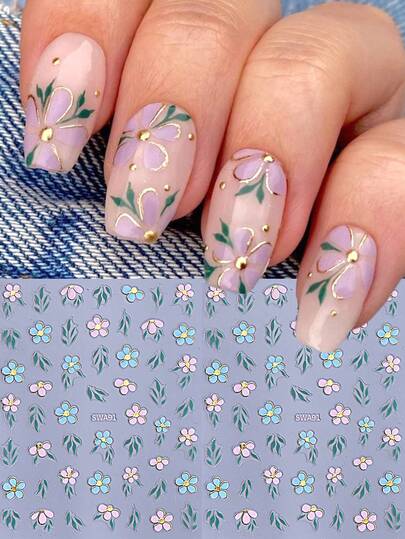 3D金属雏菊叶子美甲贴纸2片装，金色线条，蓝粉色花瓣，绿色叶子，春夏花卉印花，DIY Y2K全息清新时尚自粘凝胶指甲油美甲贴片，滑动式美甲装饰