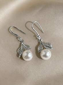 1 Pair Luxury Fashion Delicate High-End Faux Pearl Leaf Inlaid Glass Earrings, Elegant Suitable For Weddings, Bridesmaids, Parties And Gatherings - Silver - View 6