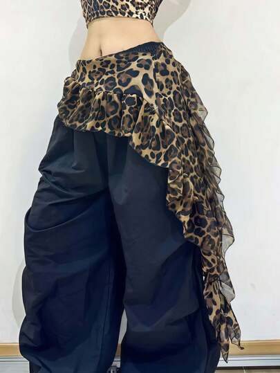 1pc Unique Fashion Jazz Dance Ruffle Waist Scarf, Layered Leopard Print Waist Belt Sash