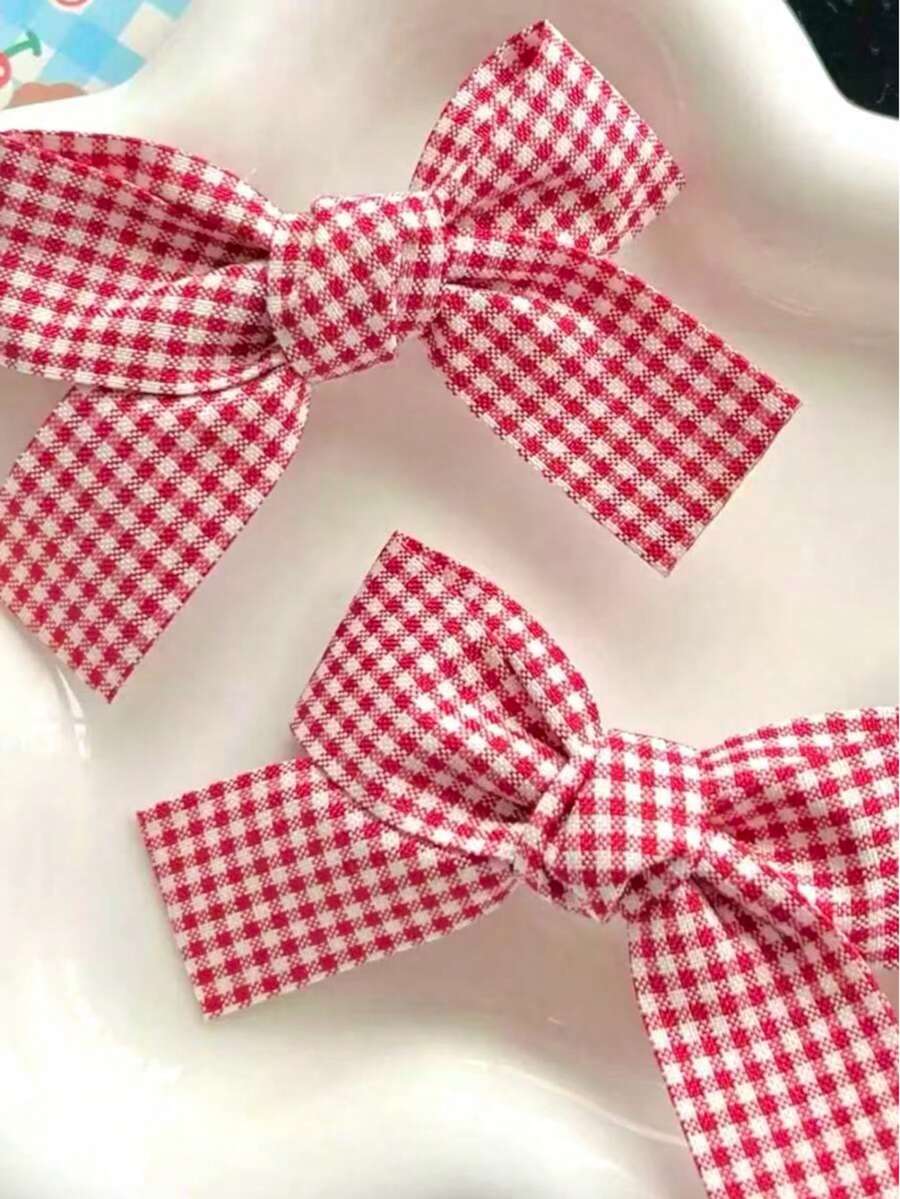 2pcs Plaid Bow Hair Clips, Fabric Ponytail Clips, Duck Clips, Cute Bangs Clips, Side Clips, Hair Accessories, Fast Shipping - Multicolor - View 1