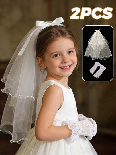 2件套女童花童头纱和蕾丝手套套装，适合4-10岁女孩，完美适用于婚礼、公主派对和生日庆典。