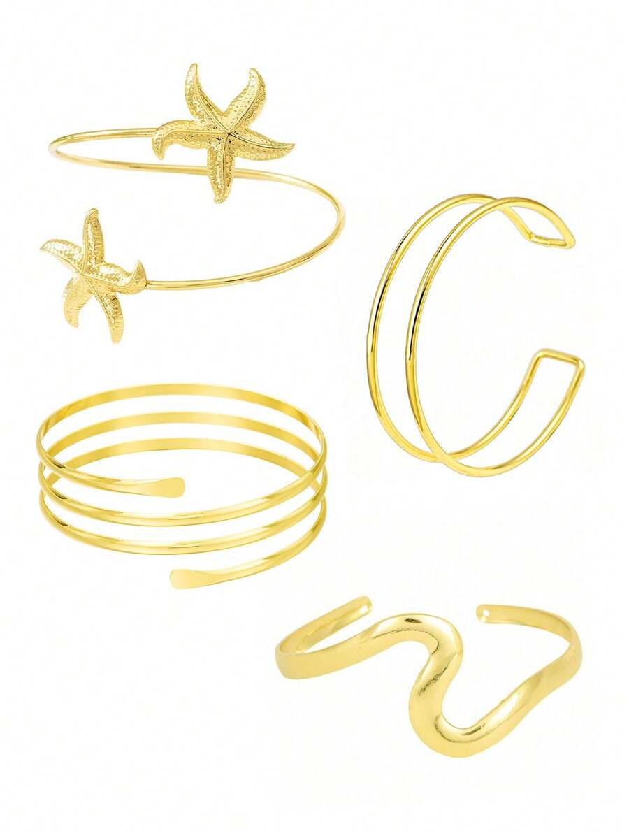 4pcs Fashionable Geometric Arm Cuffs, Adjustable Line Starfish Versatile Arm Bands, Circle Wrapped Design Personalized Stacking, Suitable For Parties, Gifts, Daily Wear - Gold - View 1