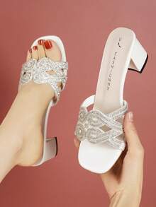 Teenagers' Sparkling Rhinestone White High Heel Sandals, Open Toe Chunky Heel Mules, Suitable For Graduation Prom, Vacation, Social Occasions - White - View 2