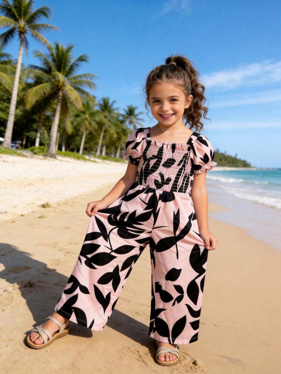 Girls' Summer Sleeveless Jumpsuit, Large Leaf Print, Square Neck With Elastic Waist, Easy To Wear, Loose Wide Leg Pants - Dusty Pink - View 1