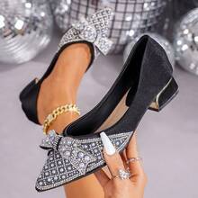 Women's Fashion Glamorous Crystal Bow Decor Slip-On High Heel Pumps For Outdoor/Party Wear - Black - View 13