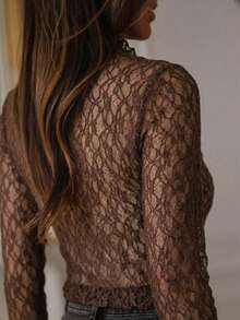Solid Color Lace Crew Neck Long Sleeve Fitted Blouse For Women Spring - Coffee Brown - View 5