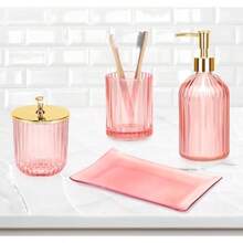 Juego de accesorios de baño 4 piezas de accesorios de baño de vidrio completo con dispensador de jabón de loción soporte para cepillo para polvo de dientes tarro de boticario bandeja de cambiador - Rosa - Ver 7