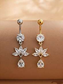 1pc Stainless Steel Fan-Shaped Navel Ring With Water Drop Pendant, Cute Piercing Jewelry For Daily Wear - Fan-shaped Water Droplets - View 1