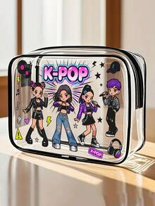 1個K-Pop偶像主題PVC化妝包，拉鍊密封PVC旅行收納袋，印有K-Pop標誌韓國流行文化設計，輕量耐陽光女性和女孩化妝與盥洗用品包，便攜式化妝盒，易於擦拭清潔設計，科技感收納袋 | 現代美學 | 耐褪色材質，旅行必需品，度假，夏季，返校，學校用品袋，盥洗用品袋，防水旅行化妝包 - 彩色 - 查看 1