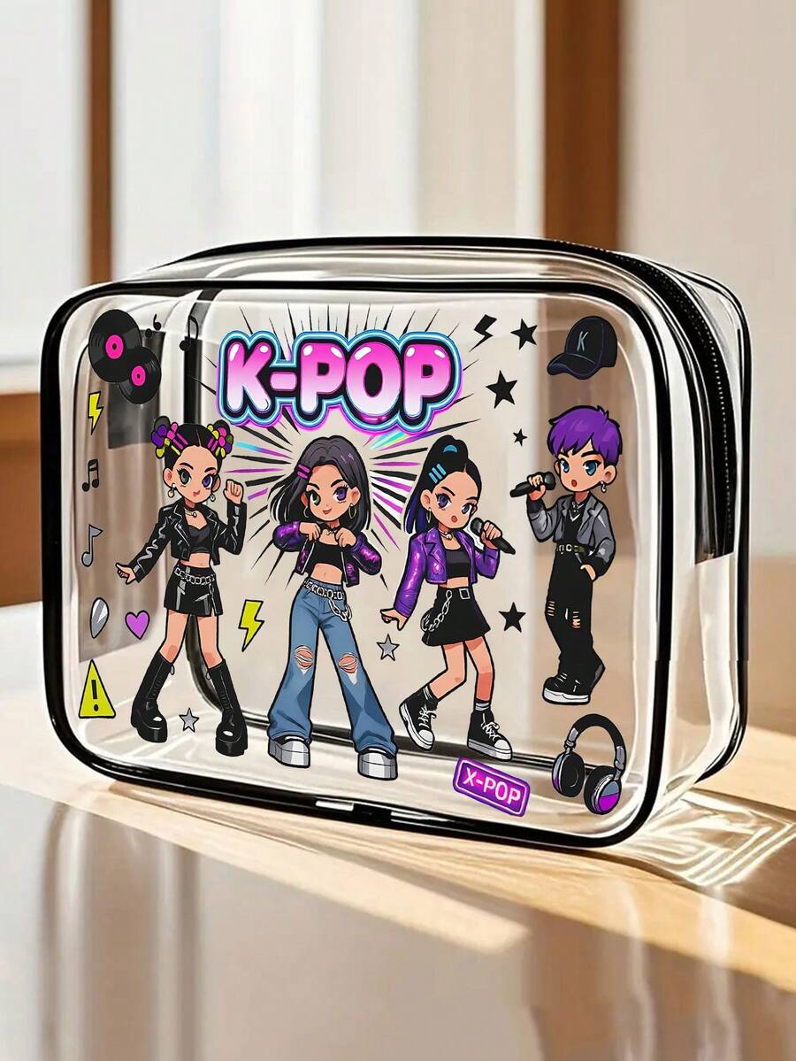 1個K-Pop偶像主題PVC化妝包,拉鍊密封PVC旅行收納袋,印有K-Pop標誌韓國流行文化設計,輕量耐陽光女性和女孩化妝與盥洗用品包,便攜式化妝盒,易於擦拭清潔設計,科技感收納袋 | 現代美學 | 耐褪色材質,旅行必需品,度假,夏季,返校,學校用品袋,盥洗用品袋,防水旅行化妝包 - 彩色 - 查看 1
