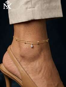 SYMFNY 1条奢华小众设计双层链条手链 + 精致锆石吊坠，长度可调节，女士日常通勤及约会百搭优雅珠宝礼品 - 金黃色 - 查看 2