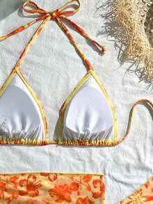 2026 New Fashion Casual Women's Bikini Set With Tie Strap & Sarong Skirt 3-Piece, Suitable For Spring/Summer Daily, Beach, Resort, Pool Party Vacation - Yellow Orange - View 5