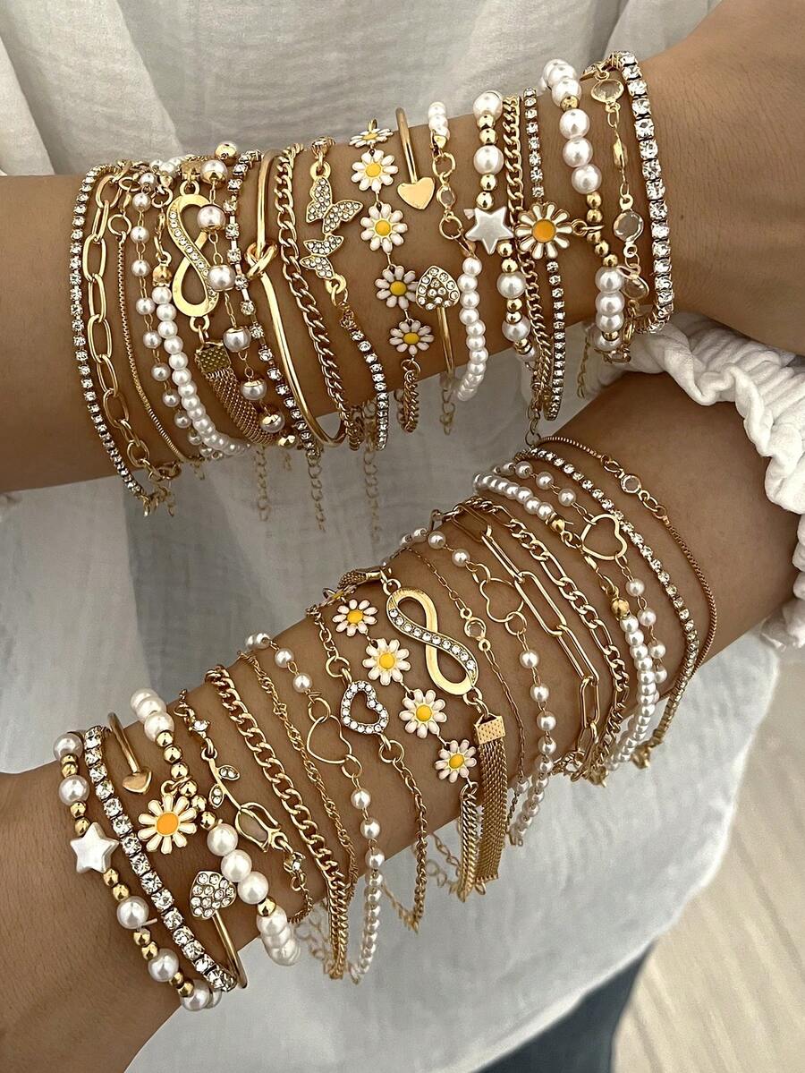 15/13/11/4pcs Boho Geometric Flower Heart Star Faux Pearl Rhinestone Blingbling Hollow Infinity Symbol Daisy Chain Twist Link Metal Minimalist Elegant Vintage Design Layered Bracelet Set, Fashion Accessory For Holiday, Party, Daily Wear - Yellow Gold - View 1