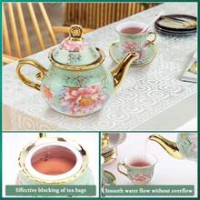 Juego de té de porcelana para adultos juego de té de cerámica europea tazas de té de cerámica 5 onzas tetera (23 onzas) y platillos con soporte de metal para fiestas de té (verde) - Verde - Ver 5