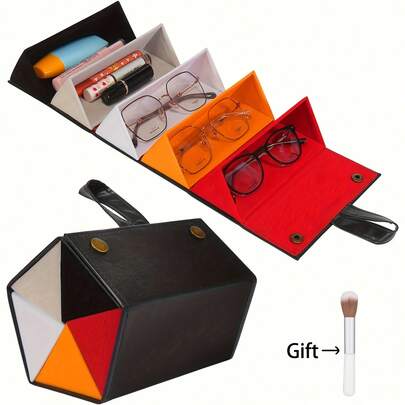 时尚化妆包带清洁刷，便携式多功能PU化妆刷收纳盒，可折叠悬挂式5格收纳盒