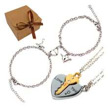 Kit Pulseira Magnética E Colar Casal Namorados Chave Coração Presente Prata Casual - Prata - Visão 6