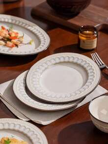 2pcs 8.3 Inch Vintage Embossed Ceramic Dinner Plates, Luxury European Style Ceramic Plate Set, Household Dining Ceramic Round Serving Platters, Minimalist Large Plates, Salad Plate And Steak Plate Tableware Set, Dessert Plate, Pasta Plate, Kitchen & Dining Ceramic Dinnerware, Bread Plate, Suitable For Home Kitchen, Dining Party, Kitchen Supplies, Tableware Accessories, Oven And Microwave - Multicolor - View 3