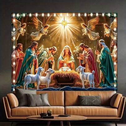 1 Christmas Nativity Scene Tapestry - Celebrate The True Meaning Of Christmas, Polyester Tapestry, Suitable For Living Room, Bedroom, Office, Home, Party Decoration Backdrop, With Free Installation Kit