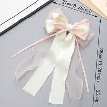 1pc Large Hair Bows Clips For Women Pink White Hair Bows Elegant Long Tail Bowknot Hairpins Spring Summer Hair Barrettes French Ribbon Clips - Pink - View 4
