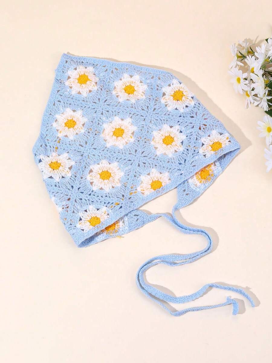 1pc Girls' Daisy Headscarf, Triangular Scarf Headband Bun Hat Scarf, Countryside Elegant Headband, Woven Accessory For Teens - Multicolor - View 1