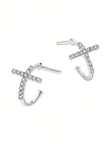 Luxury Cross Rhinestone Pure Silver Earrings, Versatile For Party, Wedding, And Daily Wear - Silver - View 1