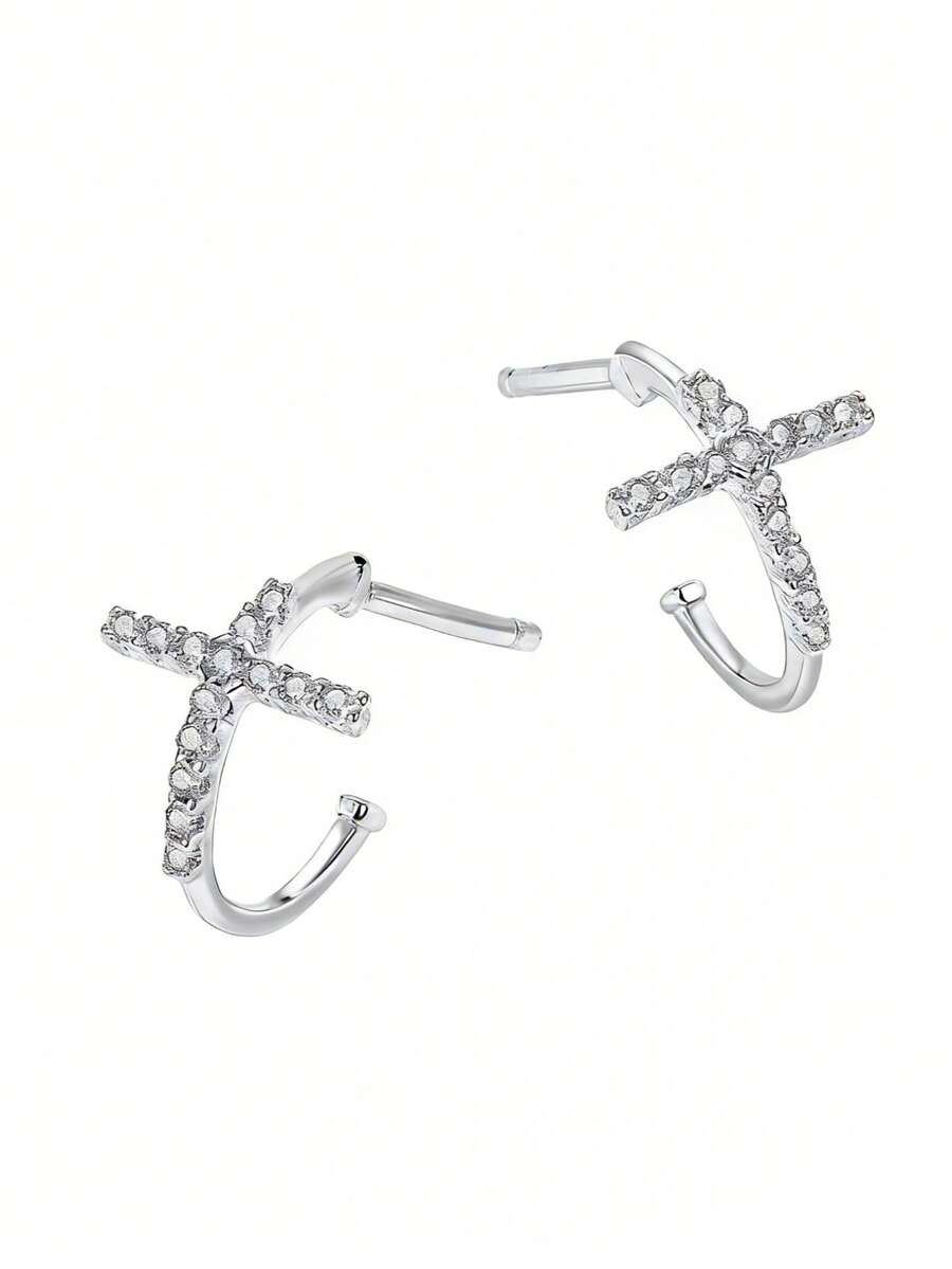 Luxury Cross Rhinestone Pure Silver Earrings, Versatile For Party, Wedding, And Daily Wear - Silver - View 1