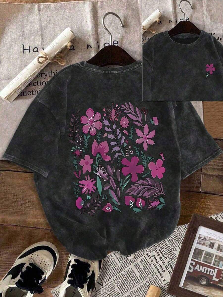Women's Fun Plant-Embossed And Fashionable Floral Cartoon Letter Print Street Style, Korean-Style Comfortable Retro Fashion Commuting Versatile Y2K Women's Clothing, Regular Niche Punk Style Black Fitted Round Neck Short-Sleeved Washed T-Shirt, Washed Retro Series Comfortable Pure Cotton T-Shirt, Easily Create Retro Casual Wear, Suitable For Daily Commuting, Casual Outings, And Everyday Wear, Classic Retro Style Women's Clothing. - 黑色 - 查看 1