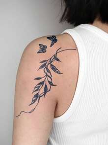 2pcs Herbal Juice Semi-Permanent Magic Tattoo, Simple Tattoo, Fresh Plant & Butterfly Pattern, 7-14 Days Waterproof Non-Reflective Tattoo Sticker For Waist, Shoulder, Neck, Collarbone - Blue - View 2