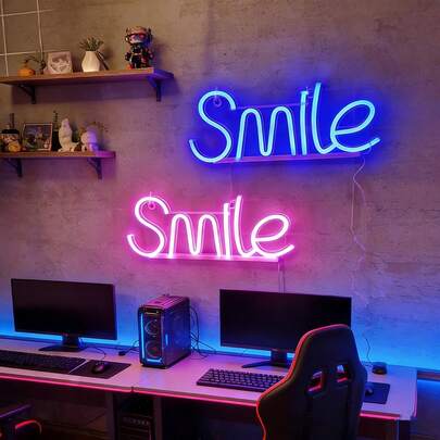 1 đèn LED chữ "Smile" trang trí tường, đèn dây chạy bằng pin/USB, thích hợp trang trí phòng chơi game, phòng ngủ, phòng khách, không gian lãng mạn, tiệc tùng, sinh nhật.