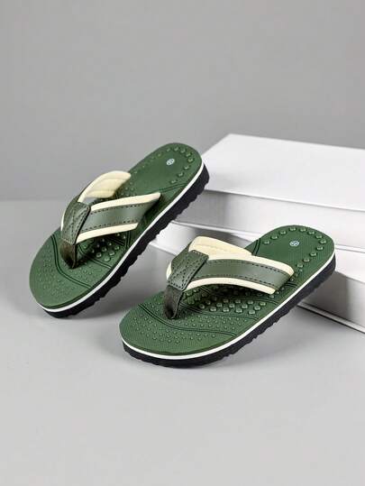 1 par de chanclas cómodas, de moda, lindas y versátiles de color verde para interiores/exteriores antideslizantes para niños, primavera/verano