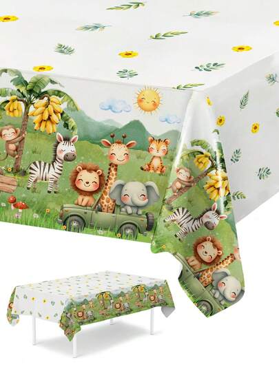 1pc Animal-Themed Tablecloth, Jungle Animals Banana Tree Table Cover, 1st Birthday Party Supplies, Wild One Party Decor Tablecloth, Babe Shower Party Decor Table Runner, Jungle Animal-Themed Party Table Decor, Jungle Animal Decor, Gender Reveal Decor Table Flag, Wedding Decor, Room Decor, Home Decor, Outdoor Decor Disposable Tablecloth, Birthday Decor, Birthday Gifts, Party Favors