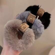 3pcs Plush Bear Hair Scrunchies - High Elasticity, Durable Soft Scrunchies For Ponytail And Bun - Retro Black - Multicolor - View 1