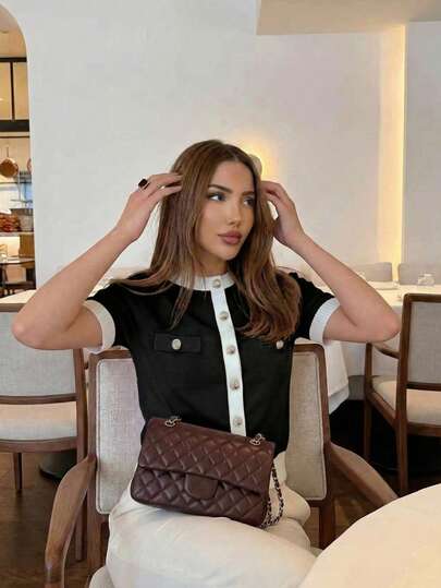 Black Round Neck Short Sleeve Contrast Color Knit Cardigan, Women's Spring/Summer New Casual Versatile Minimalist Elegant Comfortable Loose Fit Summer Jacket, Suitable For Daily Commute, Outing, Date, Casual Fashion, Graduation Ceremony