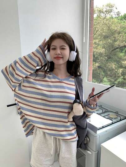 Áo khoác ngoài tay dài dáng rộng, tối giản kiểu Hàn Quốc, phối màu tương phản, chất liệu dệt kim, tay dài, thích hợp mặc thường ngày.