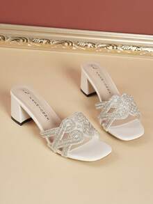 Teenagers' Sparkling Rhinestone White High Heel Sandals, Open Toe Chunky Heel Mules, Suitable For Graduation Prom, Vacation, Social Occasions - White - View 7