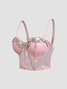 Top corto de canesú con adornos de strass, top ajustado de red transparente que revela el abdomen, ropa de fiesta para mujeres - Rosa - Ver 5