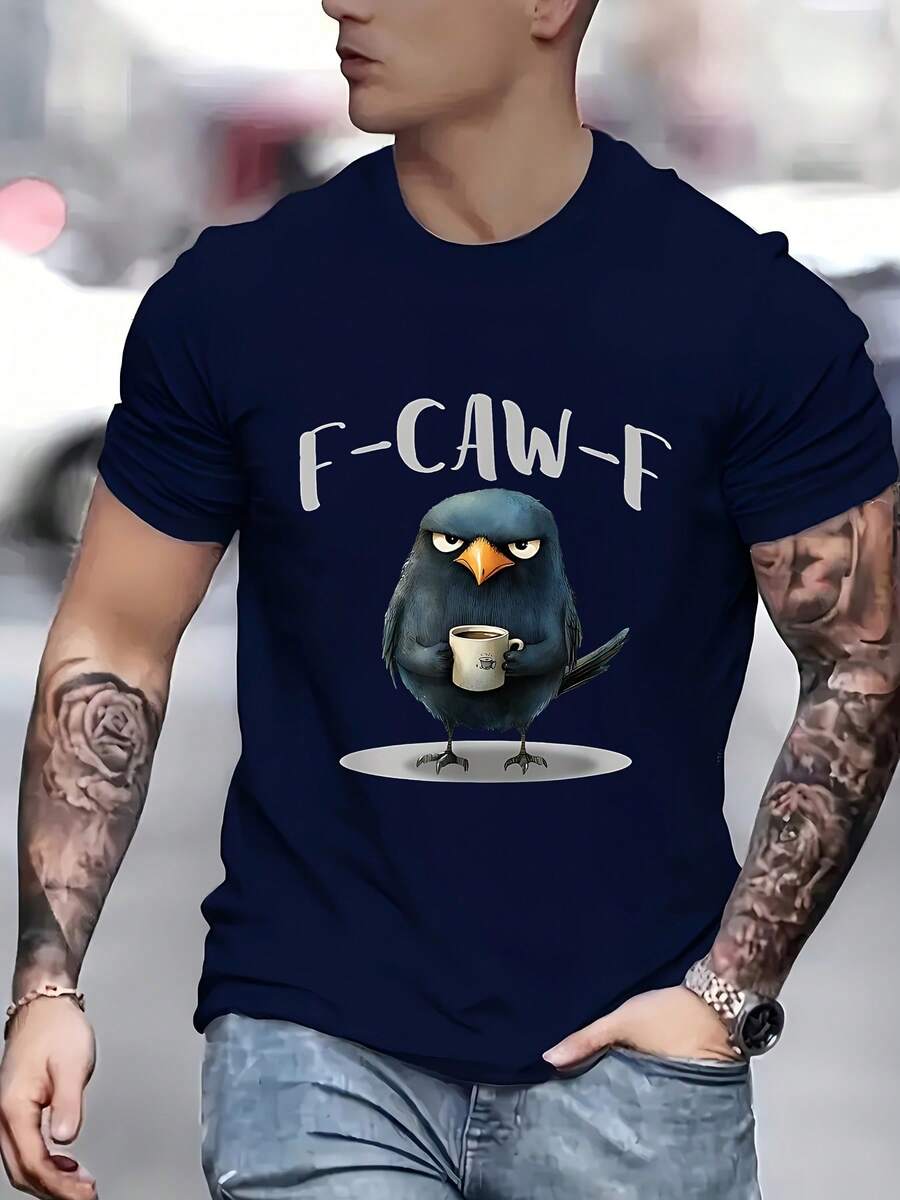 Funny Crow Coffee F-Kaw-F Slogan T-Shirt - A Vintage Loose-Fitting Short-Sleeve Tee Featuring A Caw-F Pun And Crow Design, Perfect As A Casual Humorous Gift For Bird Lovers, Suitable For All Seasons - Màu xanh hải quân - Xem 1